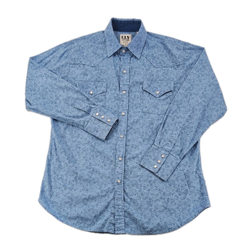 Ely Cattleman Men's Shirt Large Blue Pearl Snap Paisley Long Sleeve Rodeo Cowboy